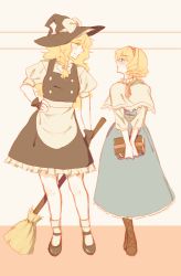 Rule 34 | 2girls, alice margatroid, alternate height, blonde hair, blue eyes, blush, broom, commentary, dress, hat, height difference, height switch, kirisame marisa, looking at another, multiple girls, orz (kagewaka), smile, touhou, witch hat
