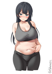 Rule 34 | 1girl, agano (kancolle), alternate costume, bare shoulders, belly grab, black hair, black sports bra, blush, breasts, cleavage, collarbone, cowboy shot, ebifurya, green eyes, hair between eyes, highres, kantai collection, large breasts, long hair, looking at viewer, midriff, navel, one-hour drawing challenge, pants, pinching, plump, simple background, solo, sports bra, stomach, sweat, twitter username, white background, yoga pants