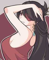 Rule 34 | 1girl, absurdres, beidou (genshin impact), black hair, breasts, brown eyes, daddo art, dolphin shorts, earrings, eyepatch, genshin impact, hair ornament, hairpin, hand on own head, highres, jewelry, leg tattoo, long hair, looking at viewer, looking back, colored eyepatch, red tank top, shorts, sideboob, sideways glance, solo, tank top, tattoo