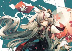 Rule 34 | 1girl, :q, animal ears, azur lane, eorx, fox ears, grey hair, japanese clothes, kamikaze (azur lane), long hair, long sleeves, looking at viewer, multicolored hair, red hair, sidelocks, smile, solo, standing, streaked hair, tongue, tongue out, very long hair, wide sleeves