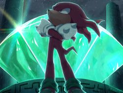 Rule 34 | 1boy, animal ears, animal nose, chaos emerald, cloud, cloudy sky, commentary, crossed arms, english commentary, full body, furry, furry male, gem, gloves, heart, highres, knuckles the echidna, looking up, male focus, night, pillar, purple eyes, rain, red fur, signature, sky, solo, sonic (series), sonic frontiers, spikes, tail, tasikyu, white gloves