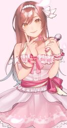 Rule 34 | 1girl, absurdres, bare shoulders, bishi a (b a1210), blush, breasts, choker, closed mouth, collarbone, dress, frilled dress, frills, hairband, highres, holding, holding microphone, idol, idol clothes, idolmaster, idolmaster shiny colors, long hair, looking at viewer, medium breasts, microphone, osaki amana, pink dress, red hair, ribbon, smile, solo, standing, swept bangs, v, white choker, wrist ribbon, yellow eyes