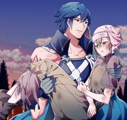 Rule 34 | 1boy, 1girl, ameno (a meno0), asymmetrical clothes, bare arms, blonde hair, blue eyes, blue hair, blush, carrying, character request, chrom (fire emblem), fire emblem, fire emblem awakening, freckles, gloves, grin, hat, muscular, muscular male, nintendo, outdoors, princess carry, short hair, short sleeves, smile, sunset, tearing up, torn clothes
