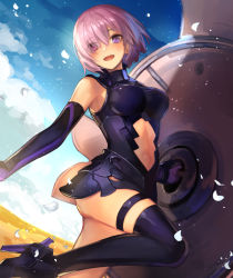 Rule 34 | 1girl, :d, black footwear, black thighhighs, boots, breasts, clothing cutout, elbow gloves, eyes visible through hair, fate/grand order, fate (series), gloves, hair over one eye, high heel boots, high heels, large breasts, mash kyrielight, navel, navel cutout, open mouth, purple eyes, purple gloves, purple hair, purple thighhighs, ragu00, shield, short hair, skin tight, smile, solo, thigh boots, thigh strap, thighhighs