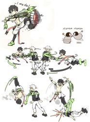 Rule 34 | 2boys, afterimage, baby penguin, black hair, black legwear, black shirt, drop kick, flying kick, green eyes, green footwear, kicking, living clothes, male focus, multicolored hair, multiple boys, open mouth, original, pants, patient zero, penguin, restrained, ruler, sequential, shirt, shoes, smile, sneakers, spinning, streaked hair, topless male, watermark, white background, white pants