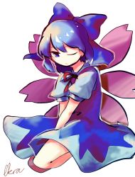Rule 34 | 1girl, blue bow, blue dress, blue eyes, blue hair, bow, cirno, dress, fairy wings, hair bow, highres, ice, ice wings, ikra (ikrazusi), large bow, long dress, looking at viewer, neck ribbon, one eye closed, pinafore dress, puffy short sleeves, puffy sleeves, red ribbon, ribbon, shirt, short sleeves, skirt, sleeveless dress, solo, touhou, white shirt, wings
