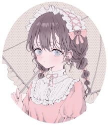 Rule 34 | 1girl, bad id, bad twitter id, blue eyes, braid, brown hair, closed mouth, cropped torso, frilled umbrella, frills, hairband, hand up, highres, holding, holding umbrella, lolita hairband, long hair, looking at viewer, neck ribbon, original, pink ribbon, puffy sleeves, ribbon, solo, twin braids, umbrella, upper body, white background, white hairband, yuyuyuyhz