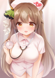 Rule 34 | 1girl, animal ears, blush, breasts, brown eyes, brown hair, commentary request, half updo, hat, heart, heart print, horse ears, horse girl, large breasts, leaning forward, long hair, looking at viewer, nikoo, nurse, nurse cap, open mouth, satono diamond (umamusume), solo, stethoscope, thigh gap, umamusume