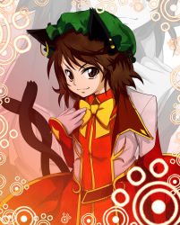 Rule 34 | 1girl, animal ears, bow, brown eyes, brown hair, cat ears, cat girl, cat tail, chen, dress, earrings, female focus, gloves, hat, highres, jewelry, multiple tails, notsuru, ribbon, short hair, solo, tail, touhou, zoom layer
