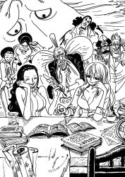 Rule 34 | 3girls, 6+boys, age difference, book, character request, clover (one piece), drink, highres, jaguar d. saul, kuzan (aokiji), long hair, mother and daughter, multiple boys, multiple girls, nico olvia, nico robin, one piece, rofta 55, smile