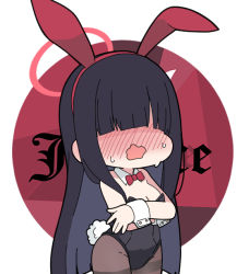 Rule 34 | 1girl, animal ears, bare shoulders, black hair, black leotard, blue archive, blush, bow, bowtie, breasts, chibi, cleavage, collar, commentary request, detached collar, fake animal ears, hair over eyes, hairband, halo, justice task force member (blue archive), leotard, long hair, medium breasts, nose blush, nyaru (nyaru 4126), open mouth, playboy bunny, rabbit ears, rabbit tail, red bow, red bowtie, red hairband, red halo, round image, solo, strapless, strapless leotard, sweat, tail, very long hair, wavy mouth, white collar, wing collar, wrist cuffs