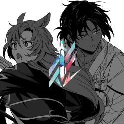 Rule 34 | 1boy, 1girl, angry, animal ears, arknights, black hair, bright pupils, commentary request, dark-skinned male, dark skin, fang (arknights), grey eyes, grey hair, highres, jewelry, long hair, long sleeves, looking afar, looking to the side, necklace, open mouth, osushi kome, parted lips, shirt, short hair, sidelocks, simple background, spot color, thorns (arknights), twitter username, upper body, white background, white pupils, white shirt