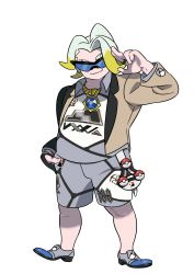 Rule 34 | 1boy, absurdres, arm up, artist request, black gloves, blonde hair, blue-framed eyewear, blue footwear, brown jacket, closed mouth, creatures (company), full body, game freak, gloves, gordie (pokemon), grey hair, grey shorts, gym leader, hand in pocket, happy, highres, jacket, jewelry, long sleeves, male focus, multicolored hair, necklace, nintendo, official art, outline, poke ball, poke ball (basic), pokemon, pokemon swsh, ring, shirt, shoes, shorts, side slit, simple background, single glove, smile, solo, standing, sunglasses, transparent background, two-tone hair, white outline