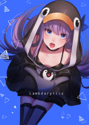 Rule 34 | 1girl, animal hood, blue background, blue eyes, breasts, collarbone, commentary request, fate/grand order, fate (series), from above, hood, long hair, looking at viewer, meltryllis, meltryllis (fate), meltryllis (swimsuit lancer) (fate), meltryllis (swimsuit lancer) (first ascension) (fate), noriuma, open mouth, purple hair, sitting, sleeves past fingers, sleeves past wrists, small breasts, solo, thighhighs, tongue, tongue out, triangle, very long hair