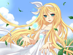 Rule 34 | 1girl, alternate age, aqua eyes, bare shoulders, blonde hair, breasts, cleavage, cloud, dress, female focus, kagamine rin, leaf, long hair, no bra, open mouth, outdoors, short hair, sky, sleeveless, sleeveless dress, small breasts, smile, solo, sundress, very long hair, vocaloid, white dress, yayoi, yayoi (egoistic realism)