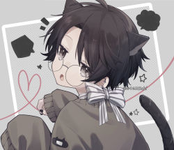Rule 34 | 1boy, :o, animal ears, bandaid, black hair, black nails, blank speech bubble, blush, bow, brown eyes, brown sweater, cat boy, cat ears, cat tail, commentary request, fang, from behind, glasses, grey background, hands up, heart, highres, long sleeves, looking at viewer, looking back, male focus, nail polish, oosaka rei, open mouth, original, parted bangs, polka dot, polka dot background, round eyewear, sleeves past fingers, sleeves past wrists, solo, speech bubble, star (symbol), striped, striped bow, sweater, tail, tail raised, twitter username, upper body