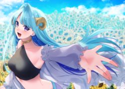 Rule 34 | 1girl, :d, bare shoulders, black shirt, blue hair, blue sky, breasts, cloud, collarbone, copyright request, crop top, day, detached sleeves, field, flower, flower field, hair intakes, highres, horns, kitasaya ai, long hair, long sleeves, looking at viewer, medium breasts, open mouth, outdoors, outstretched arm, parted bangs, puffy long sleeves, puffy sleeves, purple eyes, shirt, sky, sleeves past wrists, smile, solo, sunflower, sunflower field, very long hair, virtual youtuber, white sleeves, yellow flower