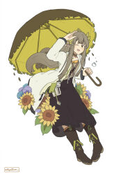 Rule 34 | 1girl, ;d, arknights, arm up, black skirt, blue flower, boots, brown choker, brown footwear, brown hair, brown shirt, choker, coat, commentary, elf, elysiium, english commentary, flower, full body, grey coat, highres, holding, holding umbrella, knee boots, lab coat, leaning, leaning forward, long hair, long sleeves, looking at viewer, mole, mole under eye, muelsyse (arknights), one eye closed, open clothes, open coat, open mouth, parasol, plant, pointy ears, purple flower, shirt, sidelocks, simple background, skirt, smile, solo, split mouth, strap, sunflower, twitter username, umbrella, white background