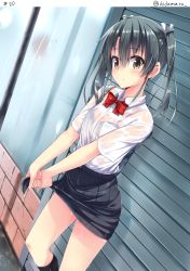 Rule 34 | 10s, 1girl, alternate costume, bag, bow, bowtie, bra, brown eyes, commentary request, contemporary, grey hair, hair ribbon, hino (2nd life), kantai collection, long hair, looking at viewer, pleated skirt, ribbon, school bag, school uniform, see-through, skirt, solo, twintails, twitter username, underwear, wet, wet clothes, zuikaku (kancolle)