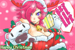 Rule 34 | 1girl, alternate costume, antlers, bare shoulders, bell, breasts, christmas, cleavage, collar, english text, engrish text, gift, gloves, hat, horns, large breasts, league of legends, light smile, lips, neck bell, pink hair, purple eyes, ranguage, reindeer antlers, santa hat, short hair, signature, solo, trombe, vi (league of legends)