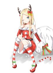 Rule 34 | 1girl, ;), abigail williams (fate), absurdres, antlers, blonde hair, blue eyes, blush, bow, candy, candy cane, christmas, closed mouth, commentary request, detached sleeves, dress, fate/grand order, fate (series), finger to mouth, food, forehead, full body, fur-trimmed dress, fur-trimmed legwear, fur-trimmed sleeves, fur trim, green bow, hair bow, highres, horns, kneehighs, knees up, long hair, long sleeves, multiple hair bows, one eye closed, parted bangs, red bow, red dress, red footwear, red sleeves, reindeer antlers, sack, santa costume, shadow, shoes, sitting, smile, socks, solo, strapless, strapless dress, striped bow, striped clothes, striped socks, very long hair, white background, yellow bow, yukaa