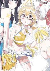 Rule 34 | 3girls, bare shoulders, black hair, blonde hair, blue archive, blue eyes, blush, bracelet, breasts, brown eyes, cheerleader, clearite, cleavage, criss-cross halter, halo, halterneck, hibiki (blue archive), hibiki (cheer squad) (blue archive), holding, holding pom poms, jewelry, kotori (blue archive), kotori (cheer squad) (blue archive), large breasts, long hair, looking at viewer, low twintails, millennium cheerleader outfit (blue archive), miniskirt, multiple girls, navel, official alternate costume, out of frame, pleated skirt, pom pom (cheerleading), pom poms, short hair, sidelocks, skirt, sports bra, star sticker, sticker on face, stomach, thighs, twintails, white skirt