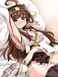 Rule 34 | 10s, 1girl, :q, ahoge, arm up, armpits, black eyes, blush, brown hair, cup, detached sleeves, double bun, frilled skirt, frills, hairband, heart, heart-shaped pupils, heart ahoge, japanese clothes, kantai collection, kongou (kancolle), long hair, naitou kouse, no panties, nontraditional miko, pillow, ribbon-trimmed sleeves, ribbon trim, skirt, smile, solo, spilling, symbol-shaped pupils, teacup, thighhighs, tongue, tongue out, zettai ryouiki