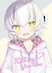 Rule 34 | !, + +, 1girl, :d, artist name, blush, capriccio, clothes writing, clothing cutout, commentary request, drawstring, english text, facial scar, fang, fate/apocrypha, fate/grand order, fate (series), grey shirt, hair between eyes, hood, hood down, hooded jacket, jack the ripper (fate/apocrypha), jacket, looking at viewer, open mouth, plaid, scar, scar across eye, scar on cheek, scar on face, shirt, short hair, smile, solo, spoken exclamation mark, upper body, white hair, white jacket