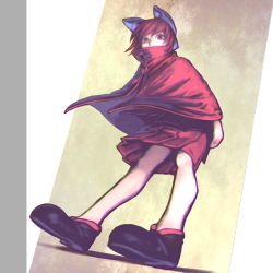 Rule 34 | 1girl, boots, cape, chromatic aberration, dutch angle, envenomist (gengoroumaru), from below, full body, hair ribbon, image sample, looking at viewer, looking down, red eyes, red hair, ribbon, sekibanki, shirt, short hair, skirt, solo, standing, touhou