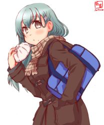 Rule 34 | 1girl, alternate costume, aqua hair, bag, baozi, black eyes, brown coat, brown scarf, coat, commentary request, cowboy shot, dated, eating, food, hair ornament, hairclip, highres, kanon (kurogane knights), kantai collection, logo, long hair, looking at viewer, plaid, plaid scarf, scarf, school bag, simple background, solo, suzuya (kancolle), white background