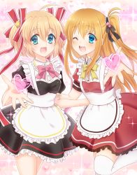 Rule 34 | 2girls, absurdres, alternate costume, apron, black dress, blonde hair, blue eyes, charlotte (anime), commentary request, company connection, cowboy shot, crossover, dress, enmaided, frilled apron, frilled dress, frills, hair ribbon, heart, highres, kamikita komari, key (company), little busters!, long hair, looking at viewer, maid, miyoshi yun, multiple girls, nishimori yusa, one eye closed, one side up, pink background, red dress, ribbon, short hair, smile, sparkle background, standing, thighhighs, twintails, white apron, white legwear