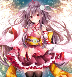 Rule 34 | 1girl, amelie-san (nogi takayoshi), animal, animal on head, black hair, black thighhighs, cat, cat on head, detached sleeves, dress, frilled dress, frills, hair ribbon, long hair, nogi takayoshi, on head, original, red eyes, ribbon, solo, thighhighs, white ribbon