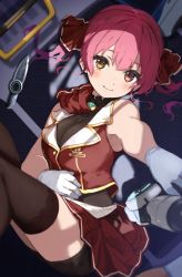 Rule 34 | 1girl, blush, breasts, cleavage, hair ribbon, heterochromia, hololive, houshou marine, icehotmilktea, large breasts, long hair, looking at viewer, red eyes, red hair, ribbon, see-through, see-through cleavage, smile, solo, twintails, virtual youtuber, yellow eyes