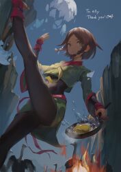 Rule 34 | 1girl, baicha oqqa, bird, bodystocking, braid, braided sidelock, broken egg, brown hair, closed mouth, commission, cooking, egg, english text, fried egg, frying pan, green eyes, highres, holding, holding frying pan, holding pan, leg up, original, ostrich, outdoors, parted bangs, short hair, signature, skeb commission, smile, solo, standing, standing on one leg, thank you