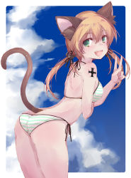 Rule 34 | 1girl, :d, animal ear fluff, animal ears, ass, bikini, blonde hair, blue sky, cat ears, cat girl, cat tail, cloud, cloudy sky, commentary request, cowboy shot, day, fang, fingernails, green eyes, halterneck, kantai collection, legs together, long hair, low twintails, no headwear, open mouth, outdoors, outside border, prinz eugen (kancolle), sky, smile, solo, string bikini, striped bikini, striped clothes, swimsuit, tail, twintails, v, white bikini, yumesato makura