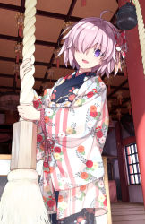 Rule 34 | 1girl, ahoge, alternate costume, breasts, cowboy shot, fate/grand order, fate (series), floral print, flower, hair flower, hair ornament, hair over one eye, hatsumoude, head tilt, japanese clothes, kimono, mash kyrielight, medium breasts, nengajou, new year, open mouth, pink eyes, pink hair, saipaco, short hair, shrine, smile, solo, standing, wide sleeves