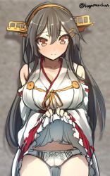 Rule 34 | 10s, 1girl, bare shoulders, blush, breasts, brown eyes, cleavage, closed mouth, clothes lift, collarbone, cowboy shot, detached sleeves, grey hair, hair ornament, hairband, hairclip, hakama, hakama short skirt, hakama skirt, haruna (kancolle), headgear, highres, japanese clothes, kantai collection, large breasts, lifted by self, long hair, long sleeves, looking at viewer, nontraditional miko, nose blush, one-hour drawing challenge, panties, red skirt, ribbon-trimmed sleeves, ribbon trim, shiba nanasei, skirt, skirt lift, smile, solo, underwear, white panties, wide sleeves