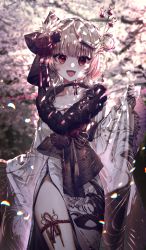 Rule 34 | 1girl, :d, absurdres, bad id, bad pixiv id, black choker, black hair, blush, choker, commentary, cowboy shot, fang, findel, flower, fur collar, hair bun, hair flower, hair ornament, hair ribbon, hair stick, highres, hololive, japanese clothes, kimono, long sleeves, looking at viewer, open mouth, outdoors, red eyes, ribbon, sakamata chloe, sakamata chloe (new year), silver hair, single hair bun, smile, solo, standing, symbol-only commentary, thigh strap, virtual youtuber, white kimono, wide sleeves