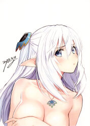 Rule 34 | 1girl, absurdres, altina (shining blade), artist name, bare shoulders, blue eyes, blush, breasts, closed mouth, collarbone, covering privates, covering breasts, dated, elf, fingernails, hair ornament, highres, jewelry, lips, long hair, looking at viewer, medium breasts, necklace, nude, official art, pointy ears, scan, shining (series), shining blade, signature, simple background, tony taka, topless, upper body, white background, white hair