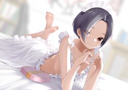Rule 34 | 1girl, absurdres, apron, barefoot, black hair, box, feet, heart, heart-shaped box, heart hands, highres, j.c.14, kobayakawa rinko, looking at viewer, love plus, lying, naked apron, on stomach, red eyes, short hair, smile, soles, the pose, toes