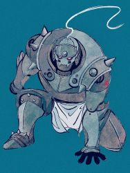 Rule 34 | 1boy, alphonse elric, armor, blue background, full armor, fullmetal alchemist, hand on ground, living armor, looking at viewer, male focus, red eyes, simple background, solo, uzuta