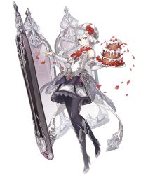 Rule 34 | 1girl, asymmetrical bangs, bare shoulders, bow, cake, detached sleeves, flower, food, fruit, full body, grey eyes, hat, high heels, ji no, looking at viewer, menu, menu board, mirror, official art, pantyhose, petals, rose, sinoalice, snow white (sinoalice), solo, strawberry, transparent background, tray, white hair