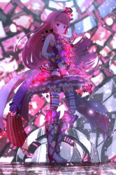 Rule 34 | 1girl, blunt bangs, blurry, blurry background, boots, frilled thighhighs, frills, full body, glowing, glowing eyes, hand on own face, hand up, highres, hojo sophy, holding, holding microphone, idol clothes, knee boots, layered skirt, long hair, looking at viewer, microphone, multicolored clothes, multicolored skirt, pink hair, pretty series, pripara, purple eyes, purple shirt, reflective surface, ruru ashihara, shirt, skirt, smile, solo, standing, thighhighs, torn clothes, torn shirt, wrist cuffs