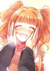 Rule 34 | 1girl, ^ ^, ayuko (ayuco), blush, brown hair, closed eyes, closed eyes, hands on another&#039;s face, idolmaster, idolmaster (classic), open mouth, orange hair, pov, scarf, simple background, smile, solo focus, takatsuki yayoi, twintails, white background