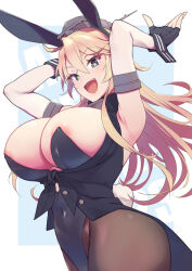 Rule 34 | 1girl, adapted costume, animal ears, arm warmers, armpits, black leotard, black pantyhose, blonde hair, blue eyes, breasts, detached collar, fake animal ears, fake tail, fingerless gloves, front-tie top, gloves, headgear, highres, iowa (kancolle), kantai collection, large breasts, leotard, looking at viewer, open mouth, pantyhose, playboy bunny, rabbit ears, rabbit tail, rampage 2nd, smile, solo, star-shaped pupils, star (symbol), strapless, strapless leotard, symbol-shaped pupils, tail, wrist cuffs