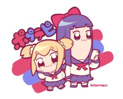 Rule 34 | 2girls, :3, black eyes, blonde hair, blue footwear, blue hair, blue skirt, bow, cellphone, chibi, chibi only, dot nose, full body, hair bow, holding, holding phone, kotorai, multiple girls, phone, pipimi, poptepipic, popuko, red bow, shirt, short twintails, signature, skirt, smartphone, socks, standing, translation request, twintails, white background, white shirt, white socks
