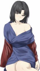 Rule 34 | 1girl, amputee, black eyes, black hair, blue kimono, blush, breasts, cleavage, closed mouth, collarbone, expressionless, head tilt, highres, jacket, japanese clothes, kara no kyoukai, kimono, long sleeves, looking at viewer, medium breasts, medium hair, obi, off shoulder, okuma707, open clothes, parted bangs, ryougi shiki, sash, simple background, sitting, solo, thighs, white background, wide sleeves
