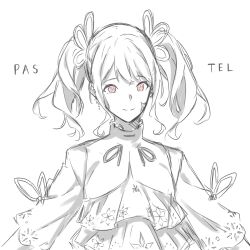 Rule 34 | 1girl, bang dream!, closed mouth, earrings, greyscale, hair ribbon, highres, jewelry, looking at viewer, medium hair, monochrome, red eyes, ribbon, sidelocks, simple background, solo, sou (kanade 3344), spot color, twintails, udagawa ako, upper body, white background