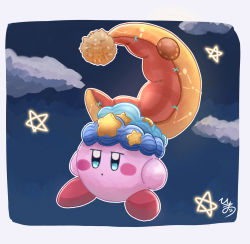 Rule 34 | . ., 1other, absurdres, blue eyes, blush stickers, cloud, crescent, crescent moon, hat, highres, kirby, kirby (series), kirby and the forgotten land, moon, night, nightcap, nintendo, pom pom (clothes), rd4o9, sleep kirby, sleepy, star (symbol)