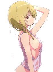 Rule 34 | 1girl, arm up, blonde hair, breasts, highres, ichii yui, looking at viewer, medium breasts, mel (melty pot), short hair, short twintails, sideboob, simple background, solo, tank top, twintails, wet, wet clothes, white background, yellow eyes, yuyushiki